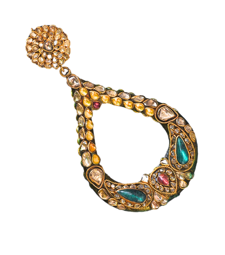 Closeup of Aarya Reversible Diamond Earrings in 18k Gold Jewelry for Pierced Ears Yellow with Hallmark Stamp Metal Stone One Size 43.4gms