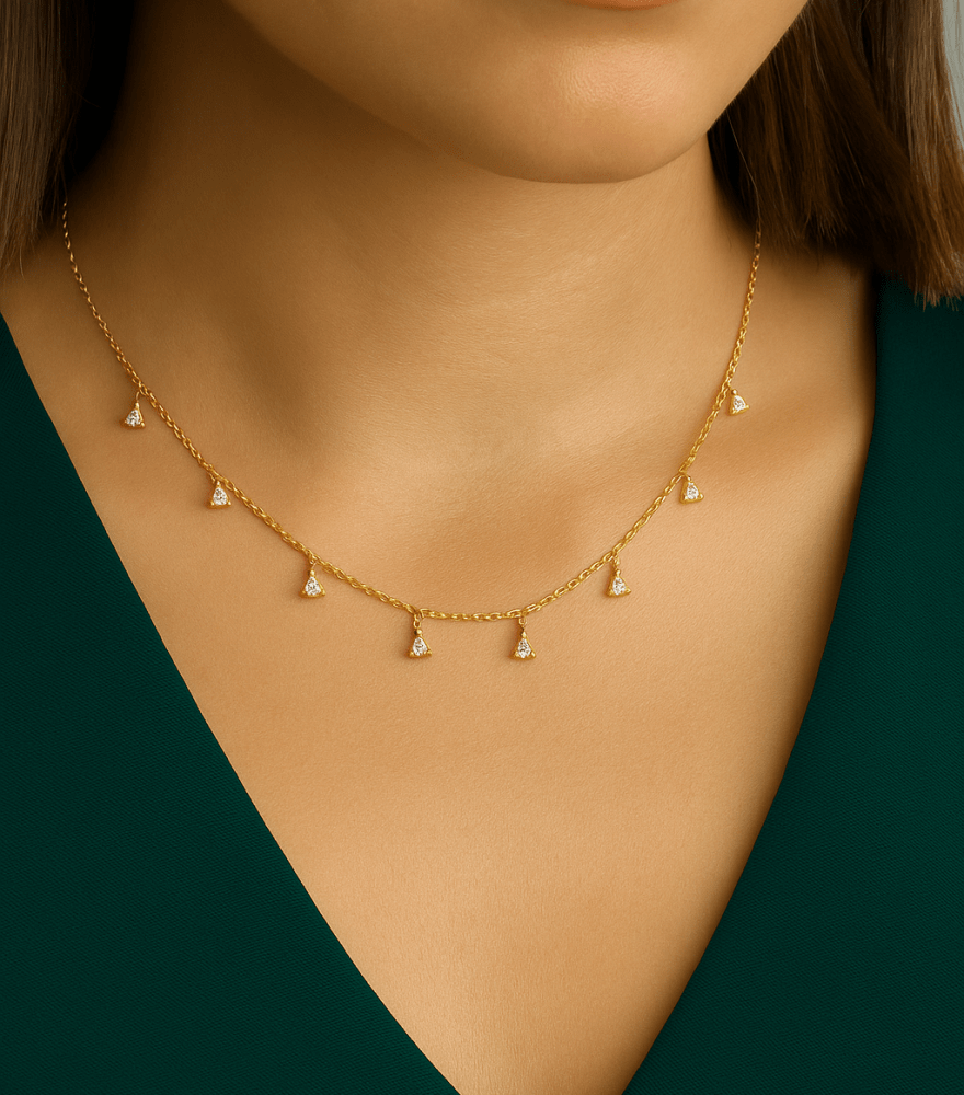 Model Wearing Starlight Charm Necklace in 18k Gold Adjustable Length Yellow with Hallmark Stamp Metal One Size 0.9gms