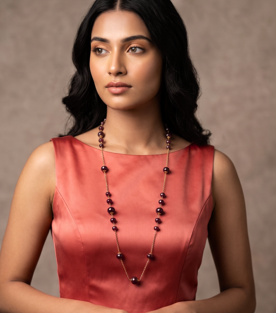 Model Wearing Tara Necklace in 18k Gold-Red Fixed Length Yellow Gold with Hallmark Stamp Metal One Size