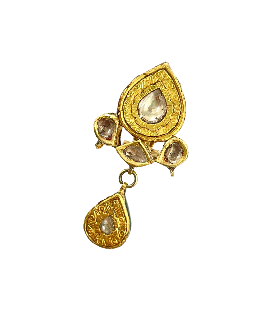 Closeup of Ruhani Uncut Polki Diamond Earrings in 18k Gold Jewelry for Pierced Ears Yellow with Hallmark Stamp Metal Stone One Size 12.9gms