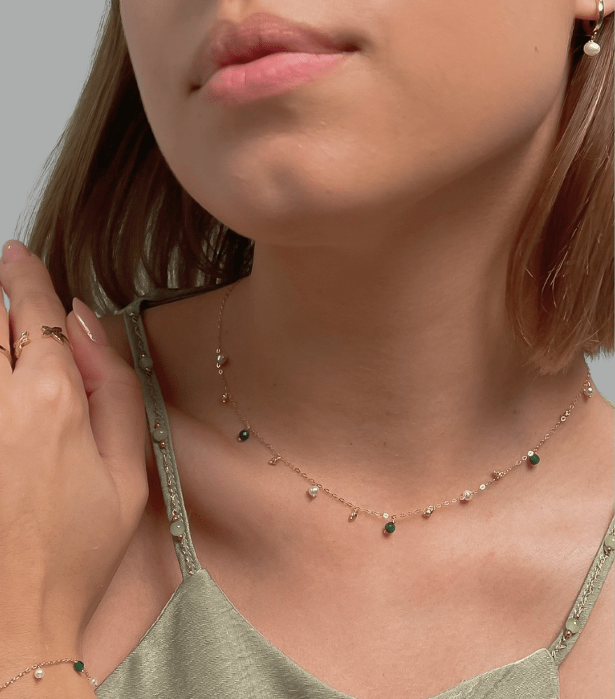 Model Wearing Elisa Pearl and Green Onyx Necklace in 18K gold Adjustable Length 18k Yellow Gold with Hallmark Stamp Metal One Size 1.7gms