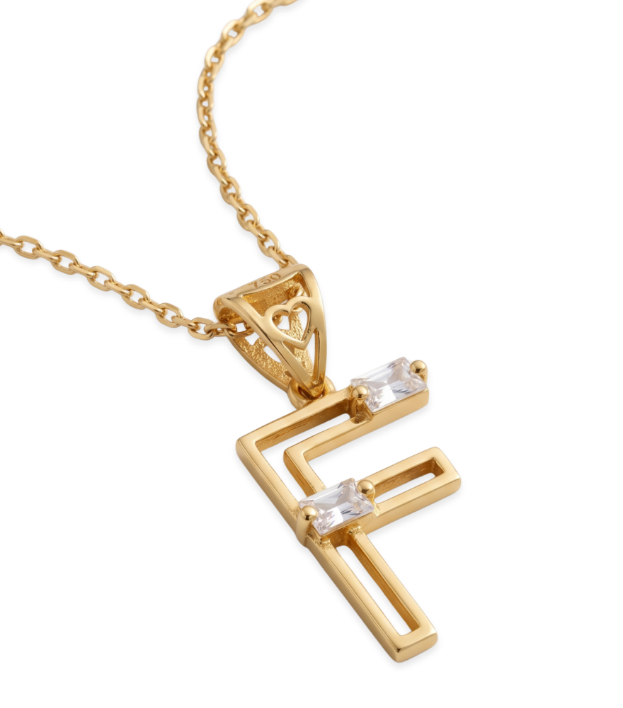 Closeup of Letter 'F' Initials Pendant Necklace in 18k Gold Fixed Length Yellow with Hallmark Stamp Metal One Size 1.2gms