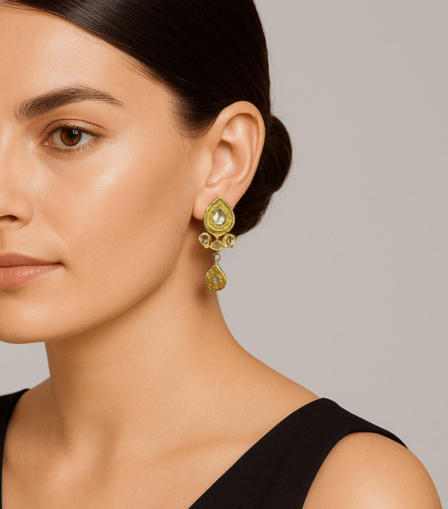 Model Wearing Ruhani Uncut Polki Diamond Earrings in 18k Gold Jewelry for Pierced Ears Yellow with Hallmark Stamp Metal Stone One Size 12.9gms