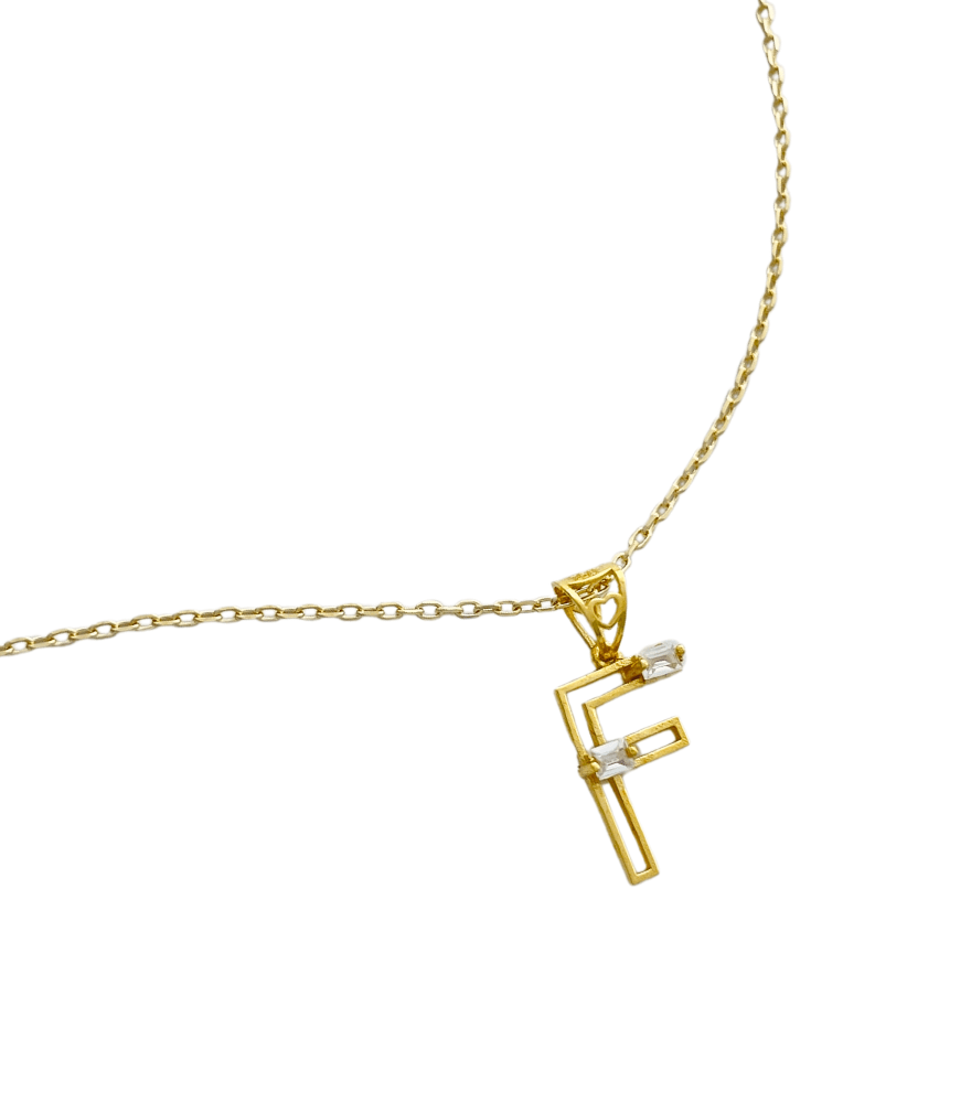 Closeup of Letter 'F' Initials Pendant Necklace in 18k Gold Fixed Length Yellow with Hallmark Stamp Metal One Size 1.2gms