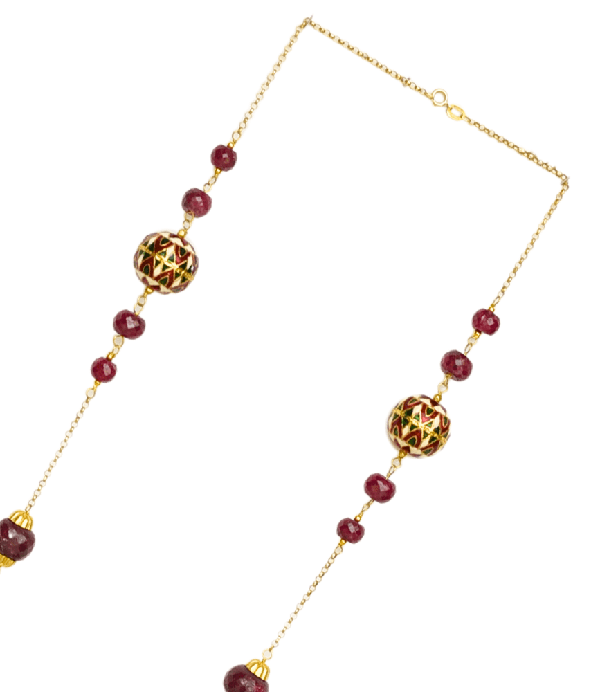 Rear View of Maya Ruby And Enamel Necklace in 18k Gold Fixed Length Yellow with Hallmark Stamp Metal One Size 42.5gms