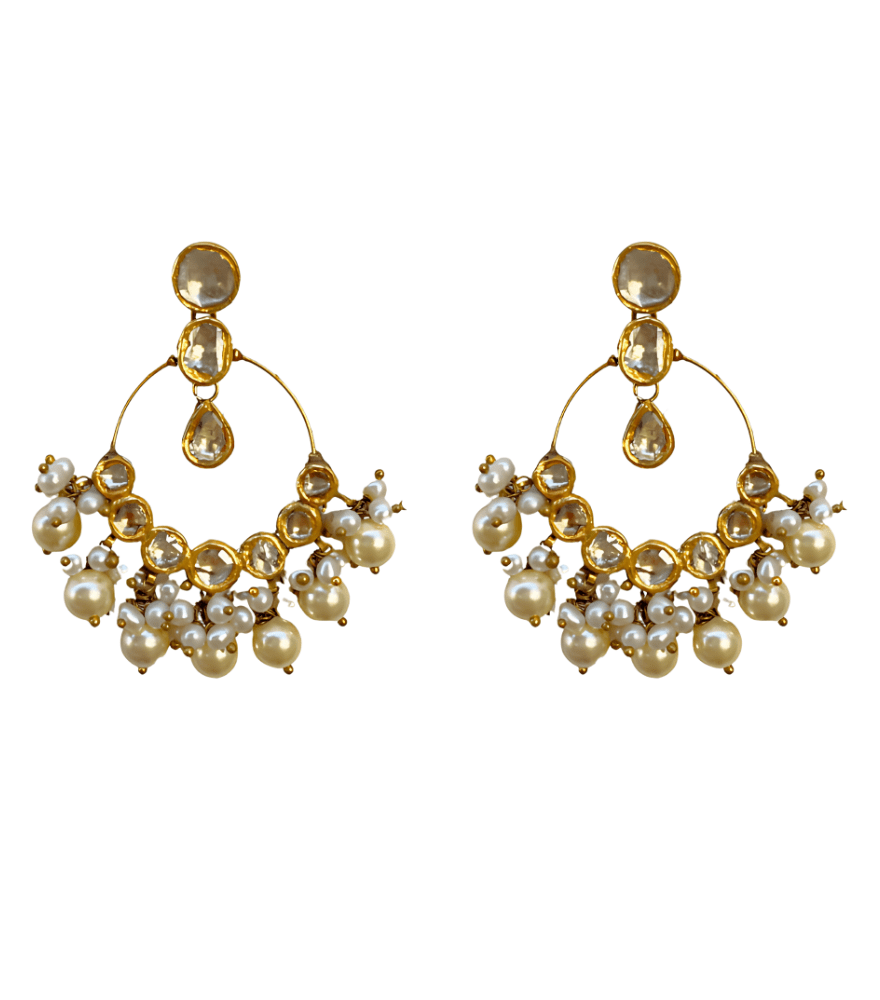 Front View of Rishika Chandbali Earrings In 18k Gold Jewelry for Pierced Ears Yellow with Hallmark Stamp Metal Stone 6 cm 25.9gms