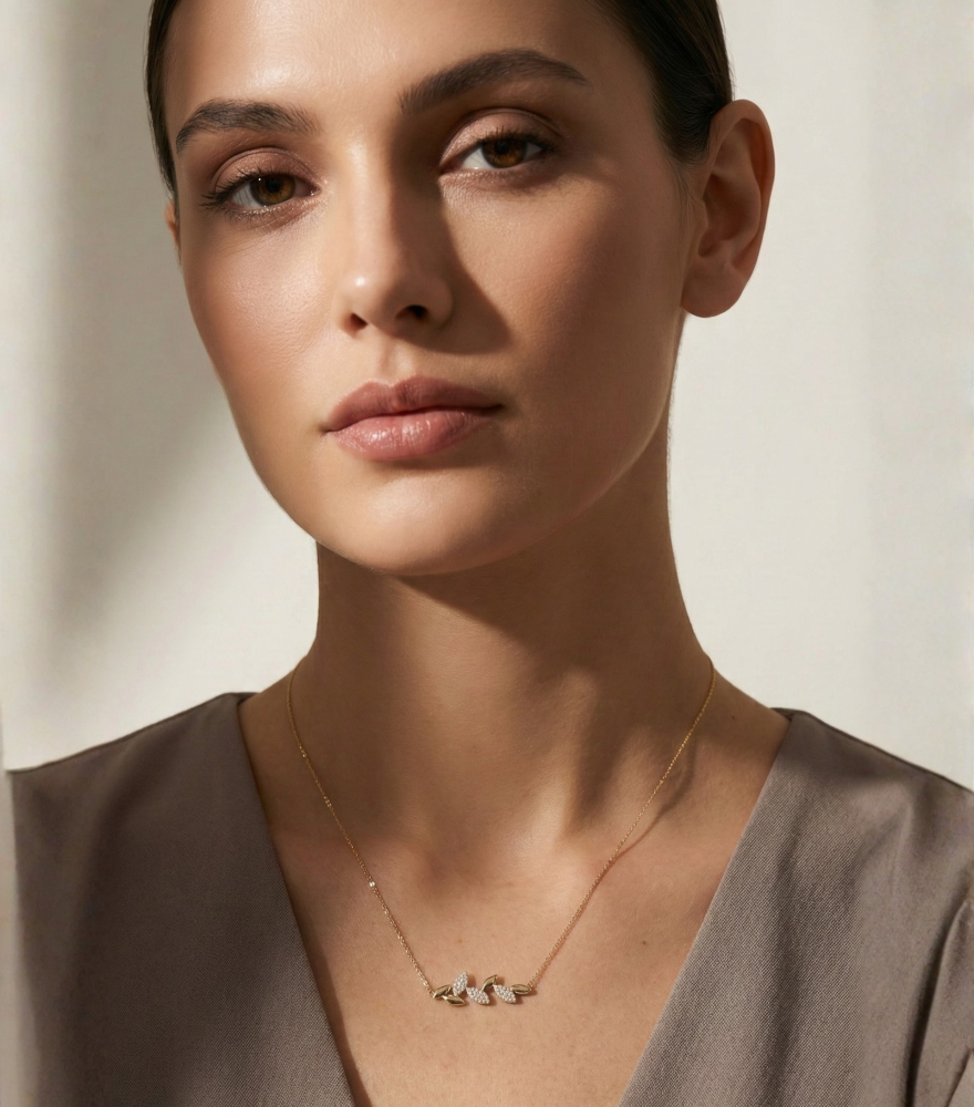 Model Wearing Amara Vine Necklace in 18k Gold Comfort Fit Yellow with Hallmark Stamp 16 inches 1.9gms