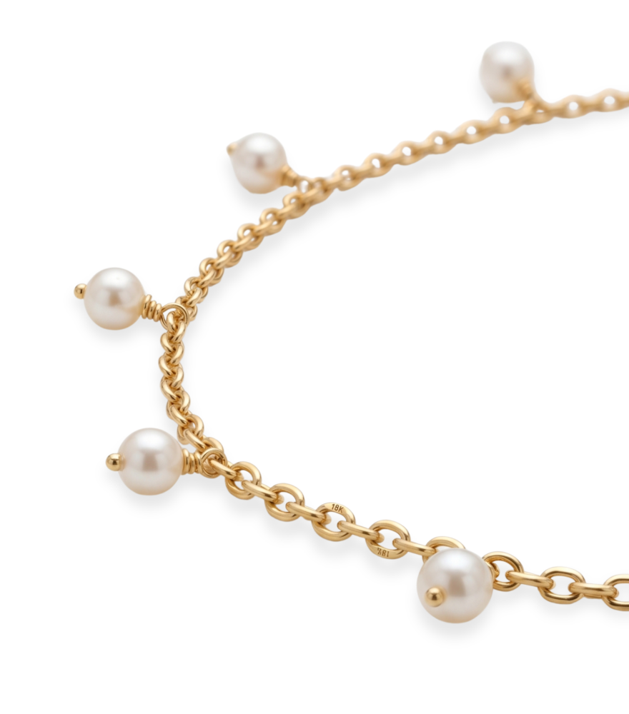 Closeup of Aurora Pearl Charm Anklet in 18k gold Adjustable Length Yellow Gold with Hallmark Stamp 9 inches 1.3gms