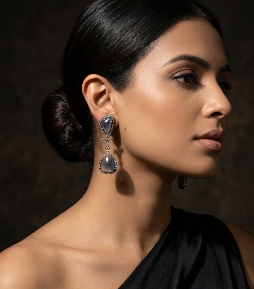 Alternate View of Model Wearing Aasha Earrings Jewelry for Pierced Ears 925 Sterling Silver Metal Stone One Size 17.2gms