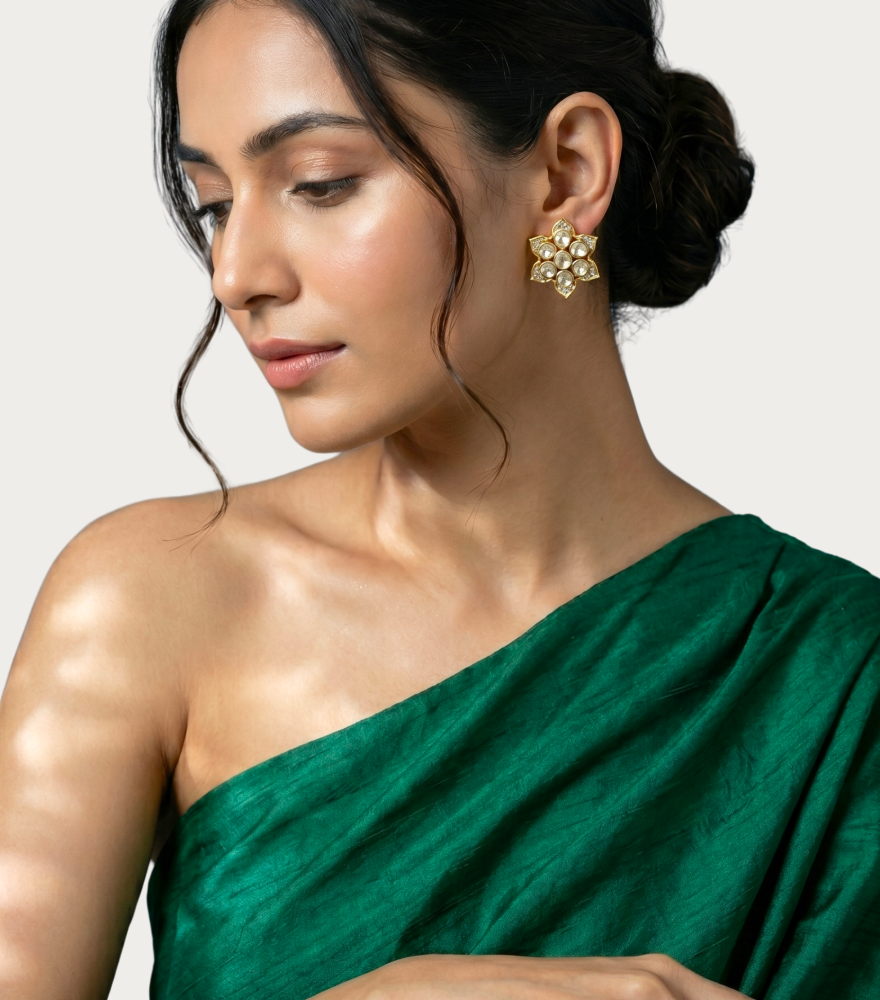 Model Wearing Nalini Stud Earrings - Big Jewelry for Pierced Ears 18k Yellow Gold with Hallmark Stamp Metal 2 cm 11.5gms