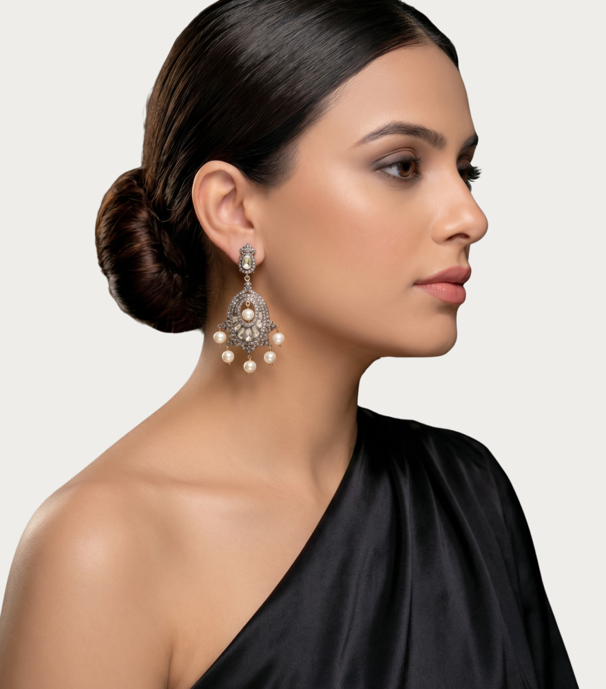 Alternate View of Model Wearing Rahila Chandbali Earrings Jewelry for Pierced Ears 18k Gold Plated 925 Sterling Silver Metal One Size 26.1gms