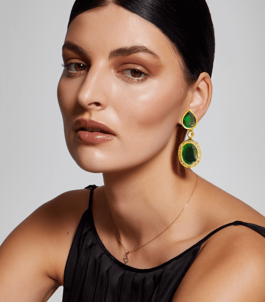Alternate View of Model Wearing Pallavi Polki Earrings in Gold Jewelry for Pierced Ears 18k Yellow with Hallmark Stamp Metal Stone One Size 23.6gms
