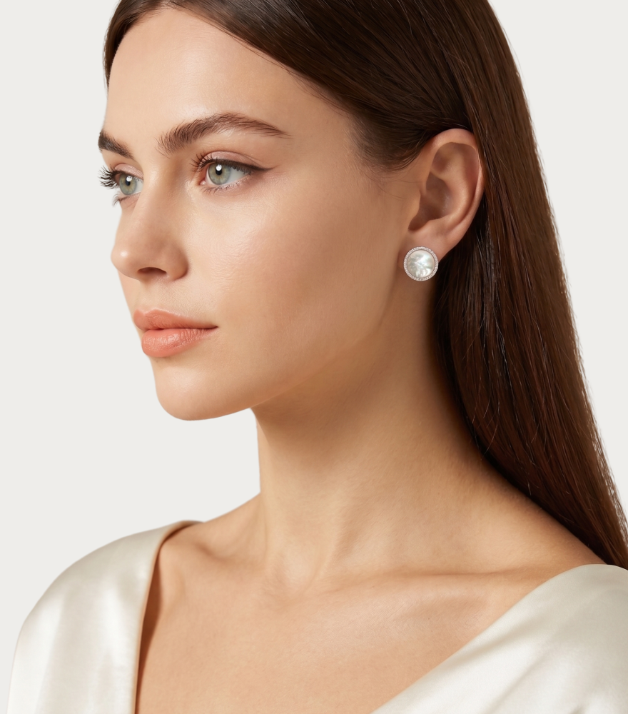 Alternate View of Model Wearing Zira Mother of Pearl Stud Earrings in 18k Gold Jewelry for Pierced Ears Yellow with Hallmark Stamp One Size 1.6gms