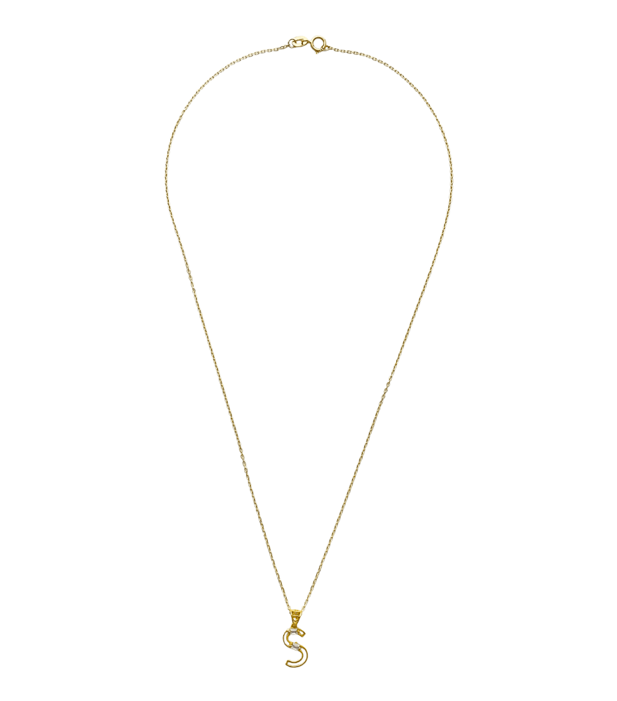 Rear View of Letter 'S' Initials Pendant Necklace in 18k Gold Fixed Length Yellow with Hallmark Stamp Metal One Size 1.3gms