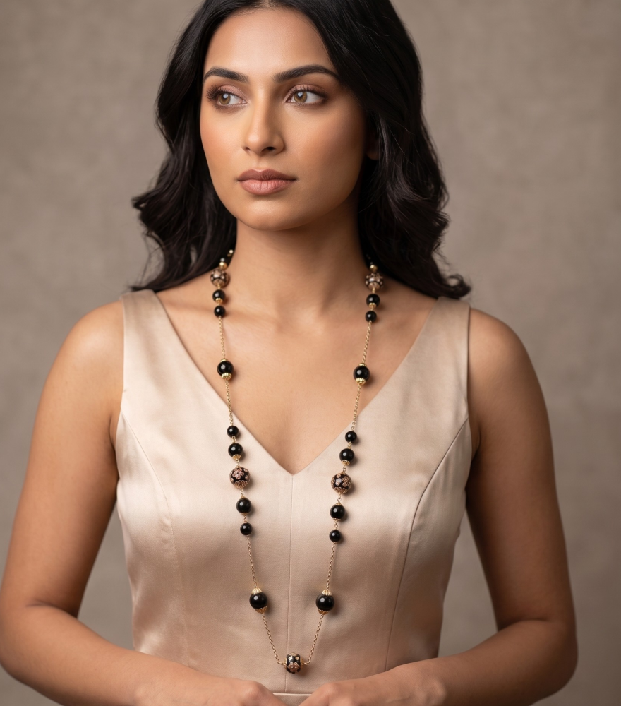 Model Wearing Niharika Black Jade Necklace in 18k Gold Fixed Length Yellow with Hallmark Stamp Metal Stone One Size 44.8gms