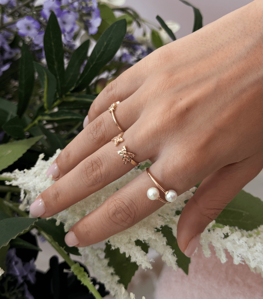 Model Wearing Pearla Ring in 18K Gold Comfort Fit 18k Yellow with Hallmark Stamp Metal One Size 1.6gms