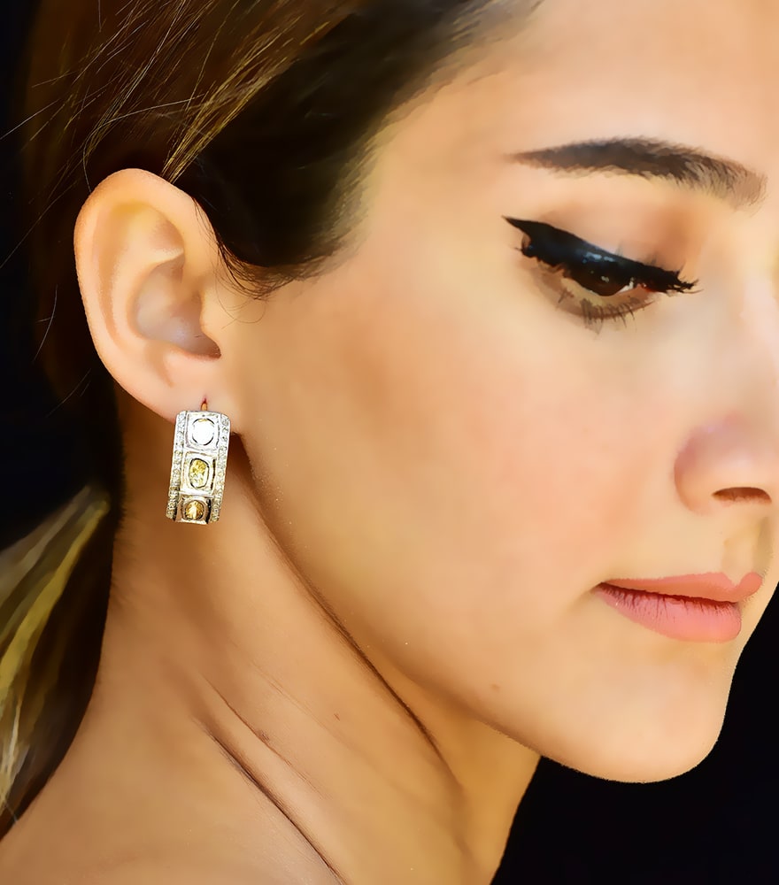 Model Wearing Meera Hoop Earrings Jewelry for Pierced Ears 18k Gold Plated 925 Sterling Silver Metal One Size 6.8gms