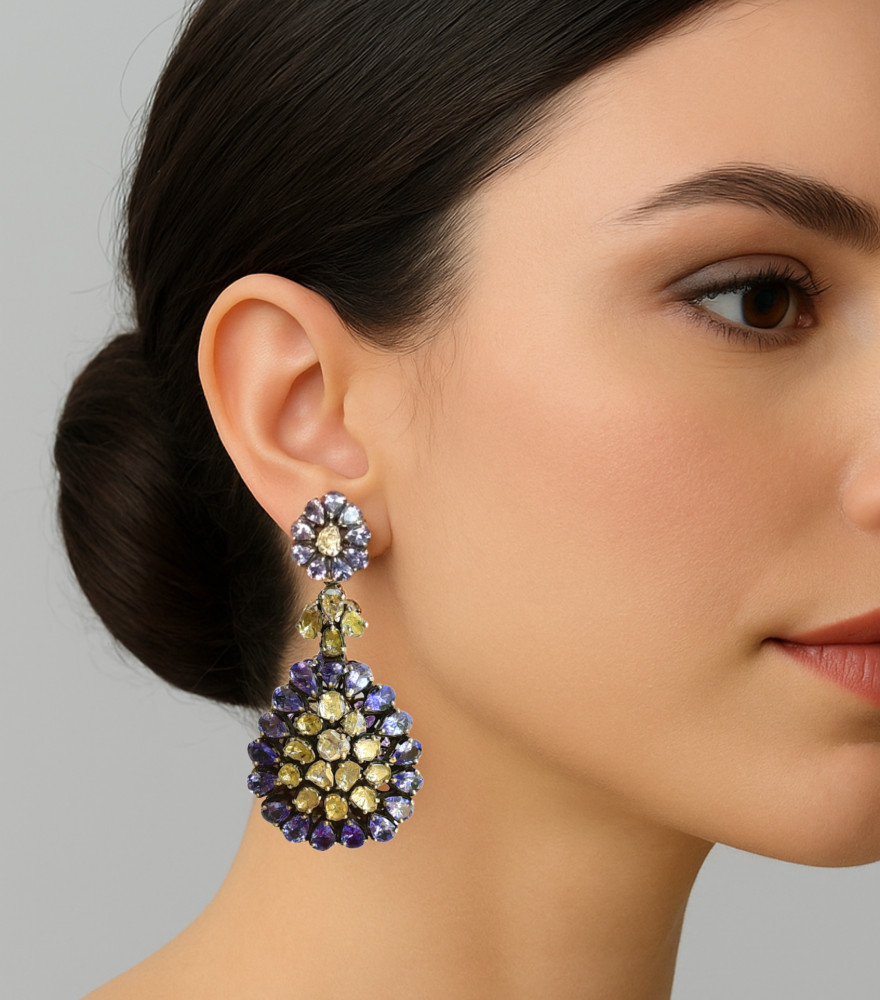Model Wearing Veerali Dangle Earrings Jewelry for Pierced Ears 925 Sterling Silver Metal One Size 30gms