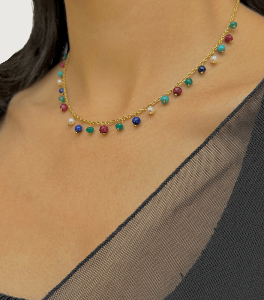 Model Wearing Dana Rainbow Frill Necklace Adjustable Length 18k Yellow Gold with Hallmark Stamp Metal One Size 4.1gms