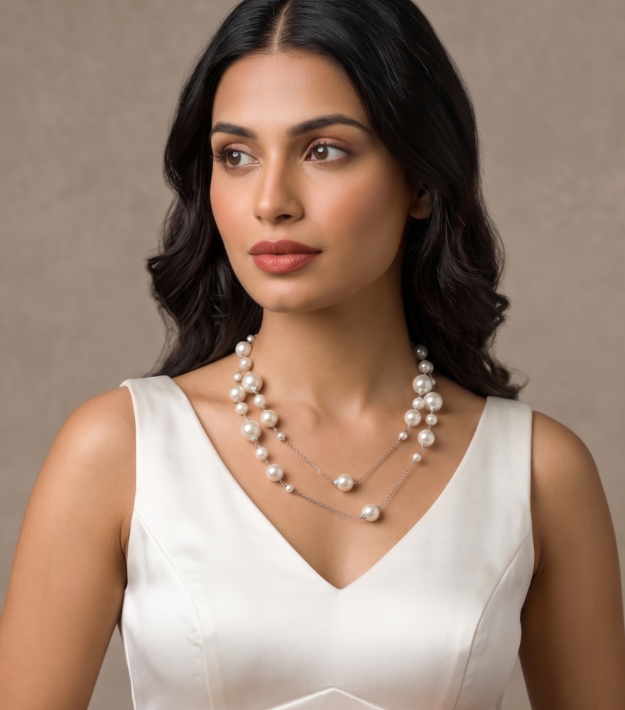 Model Wearing Mahika Pearl Necklace in 18k Gold Fixed Length 925 Sterling Silver Metal Stone One Size 58.9gms Yellow