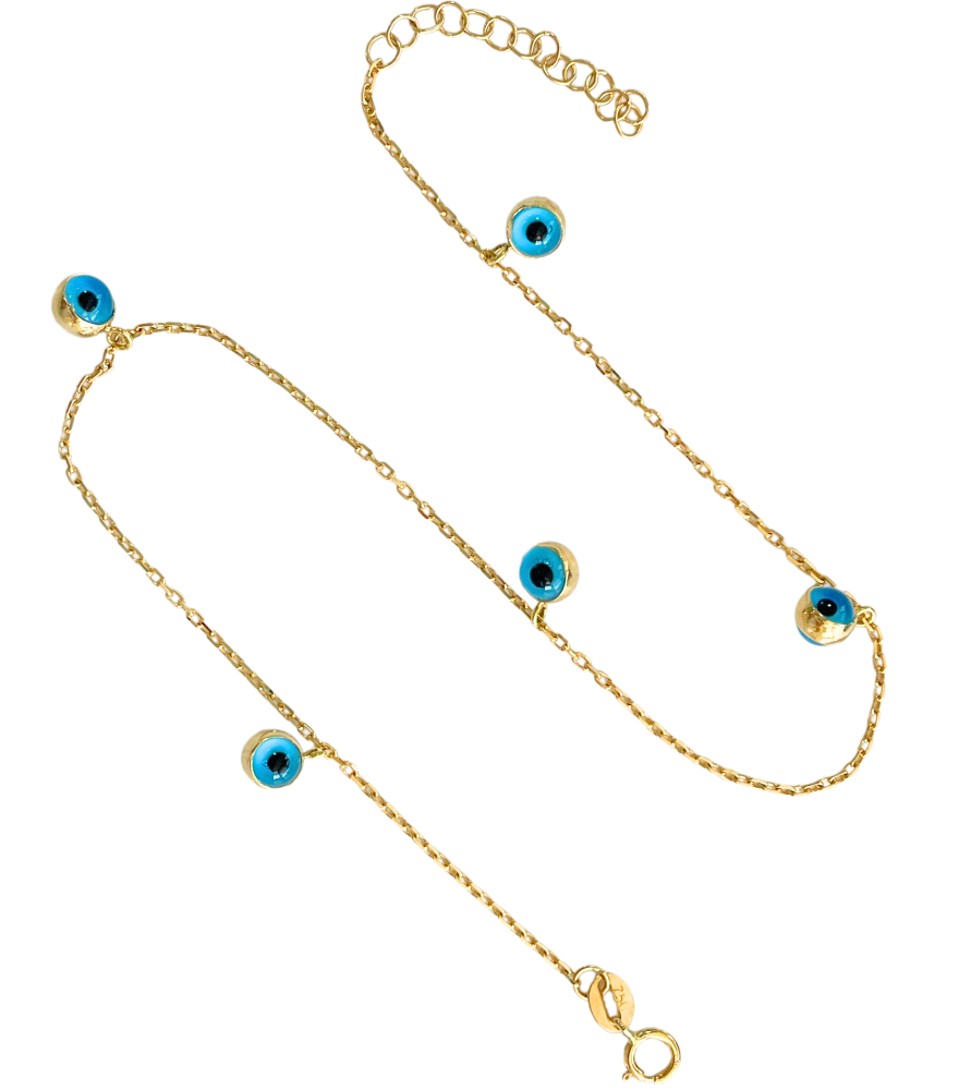 Rear View of Ayna Charm Anklet in 18k Yellow Gold Adjustable Length with Hallmark Stamp Metal 9.5 inches 2.1gms