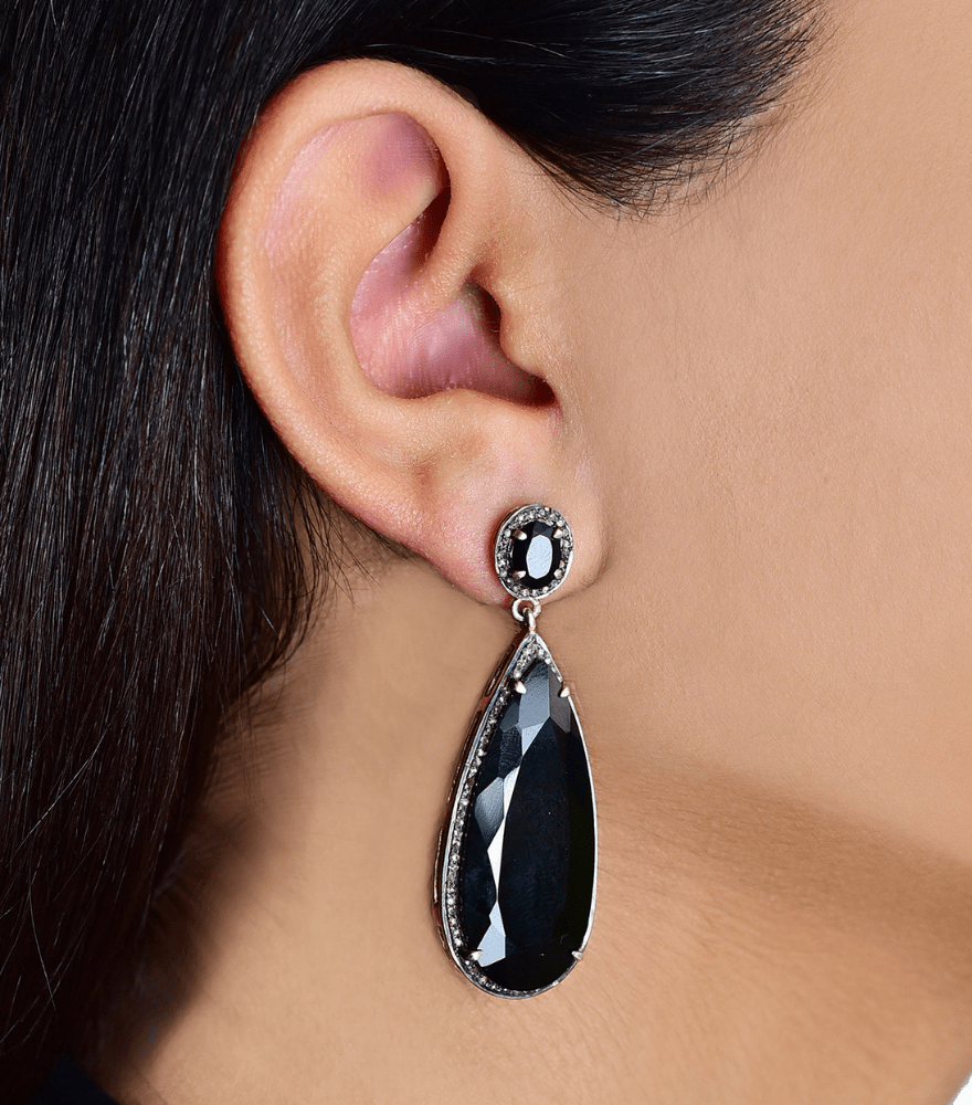 Model Wearing Kalki Earrings Jewelry for Pierced Ears 925 Sterling Silver Metal Stone One Size 17.1gms