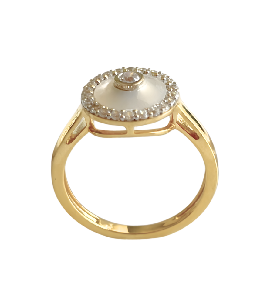 Closeup of Celestia Pearl Ring in 18K Gold Comfort Fit 18k Yellow with Hallmark Stamp One Size 3.2gms