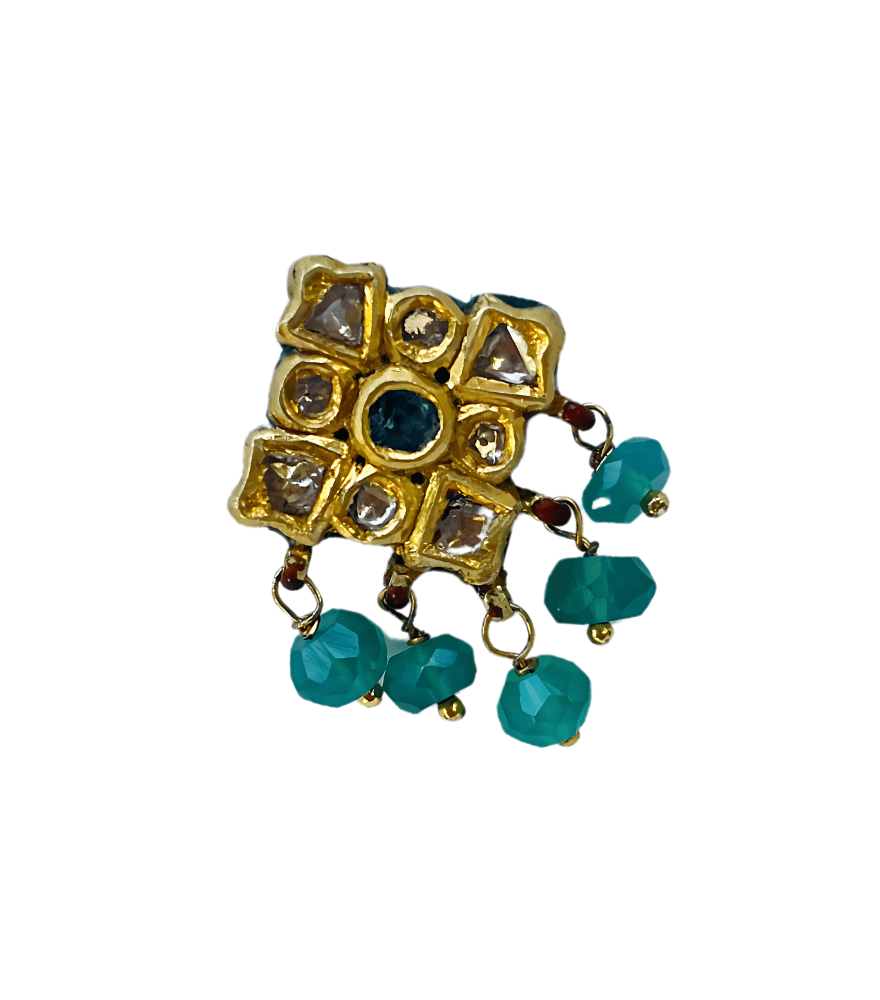 Closeup of Swati Earrings in Gold Jewelry for Pierced Ears 18k Yellow with Hallmark Stamp Metal Stone One Size 10.3gms