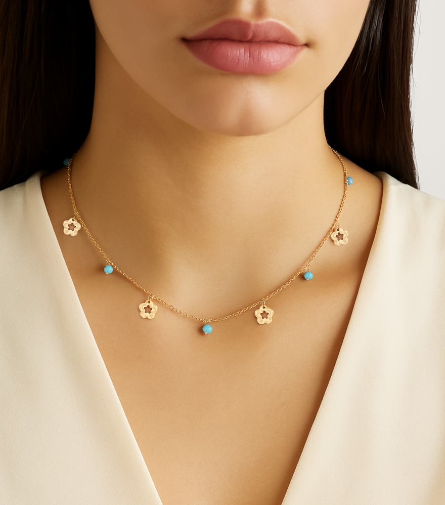 Alternate View of Model Wearing Zahra Charm Necklace in 18k Gold Adjustable Length Yellow with Hallmark Stamp Metal One Size 2.5gms