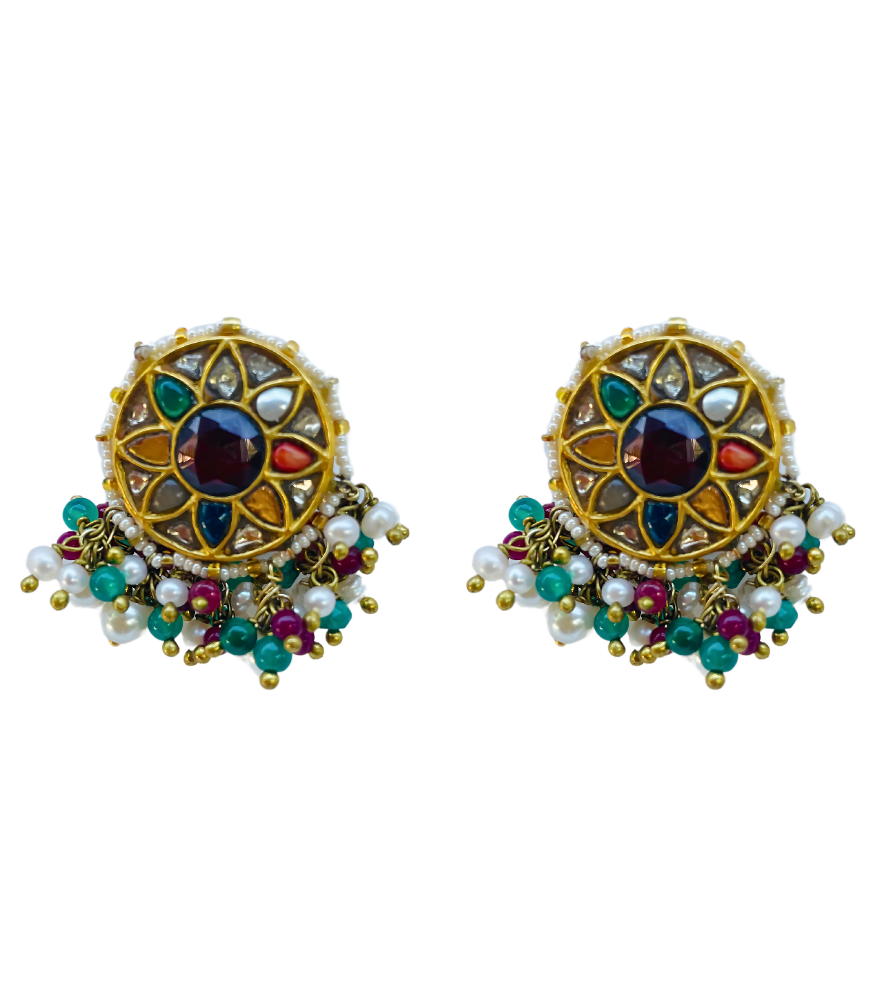 Front View of Tanishka Unut Polki Earrings in Gold Jewelry for Pierced Ears 18k Yellow with Hallmark Stamp Metal Stone One Size 21.3gms