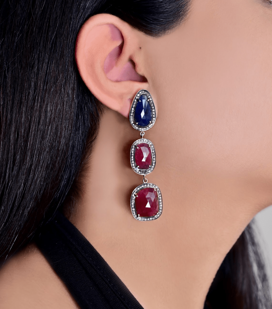 Alternate View of Model Wearing Vamika Gold-Plated Silver Earrings with Diamonds Rubies & Sapphire Jewelry for Pierced Ears 18k Gold Plated 925 Sterling Metal Stone One Size 19.9gms