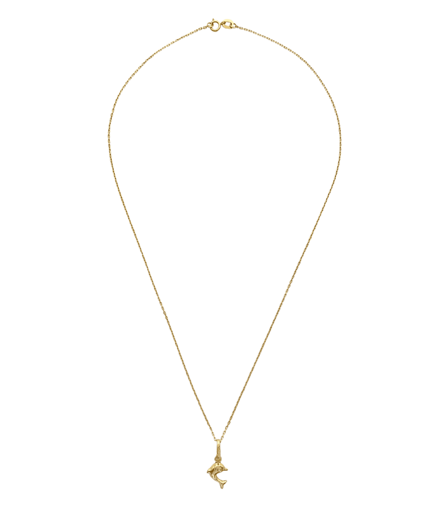 Rear View of Golden Dolphin charm Pendant Necklace in 18k Gold Adjustable Length Yellow with Hallmark Stamp Metal One Size 1.6gms