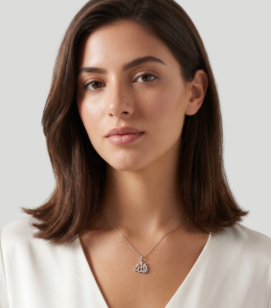 Model Wearing Allah Pendant Necklace in 18k White Gold Comfort Fit 16 inches 1.5gms