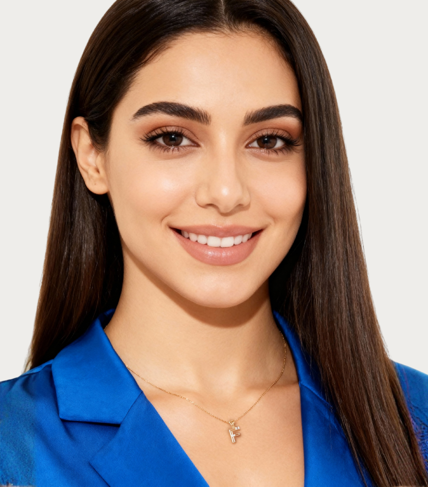 Alternate View of Model Wearing Letter 'F' Initials Pendant Necklace in 18k Gold Fixed Length Yellow with Hallmark Stamp Metal One Size 1.2gms