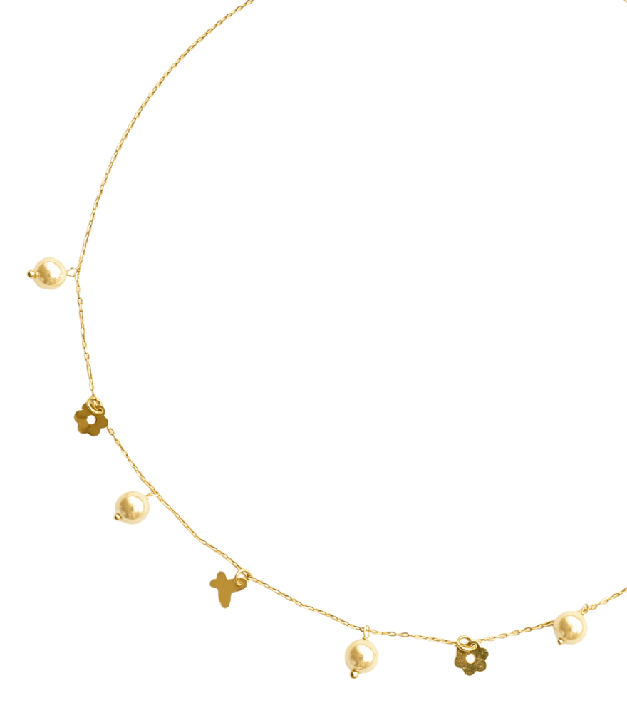 Closeup of Farasha Charm Necklace in 18k Gold Fixed Length Yellow with Hallmark Stamp Metal One Size 4.2gms