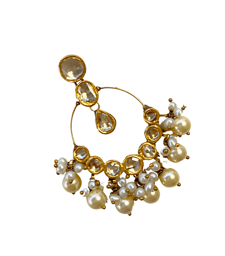 Closeup of Rishika Chandbali Earrings In 18k Gold Jewelry for Pierced Ears Yellow with Hallmark Stamp Metal Stone 6 cm 25.9gms