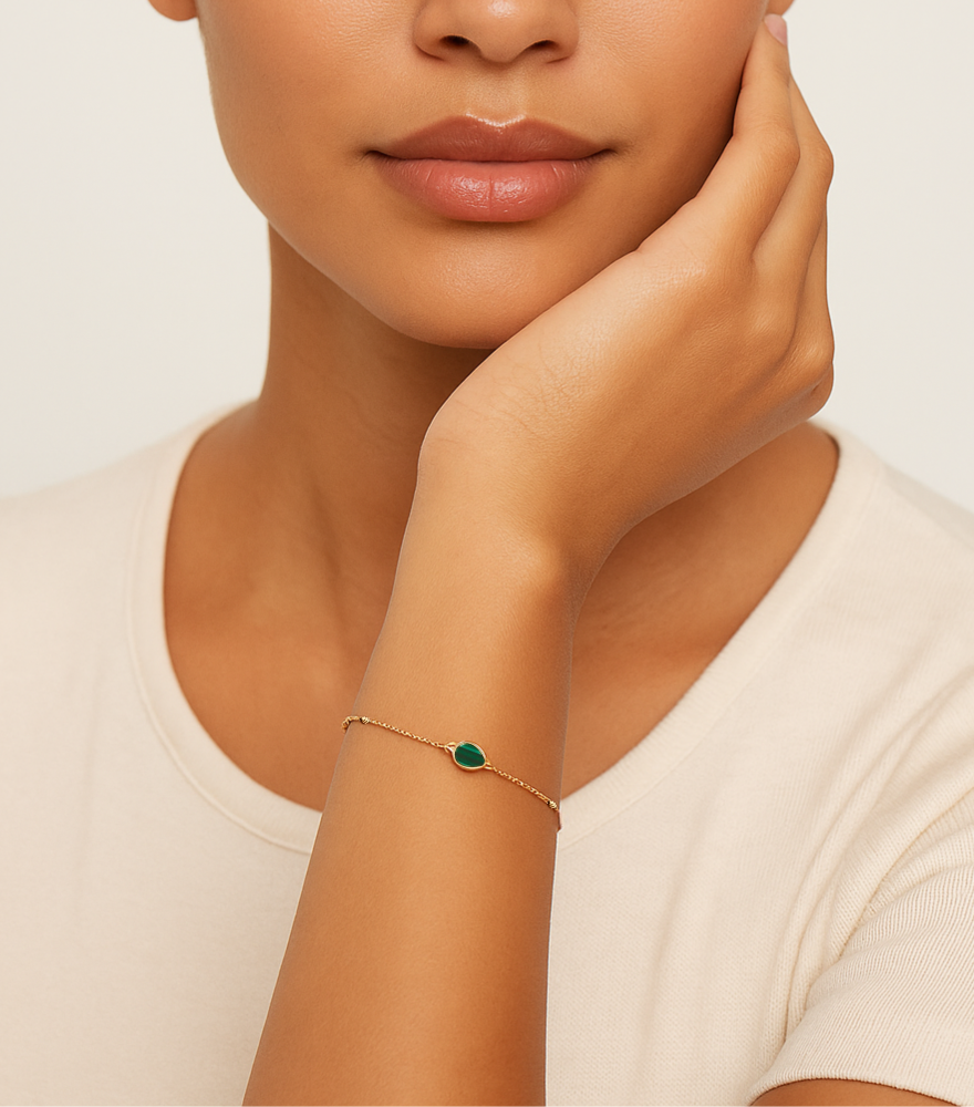 Model Wearing Hala Malachite and Mother of Pearl Bracelet in 18k Gold Adjustable Length Yellow with Hallmark Stamp Metal Stone 7 inches 1gms