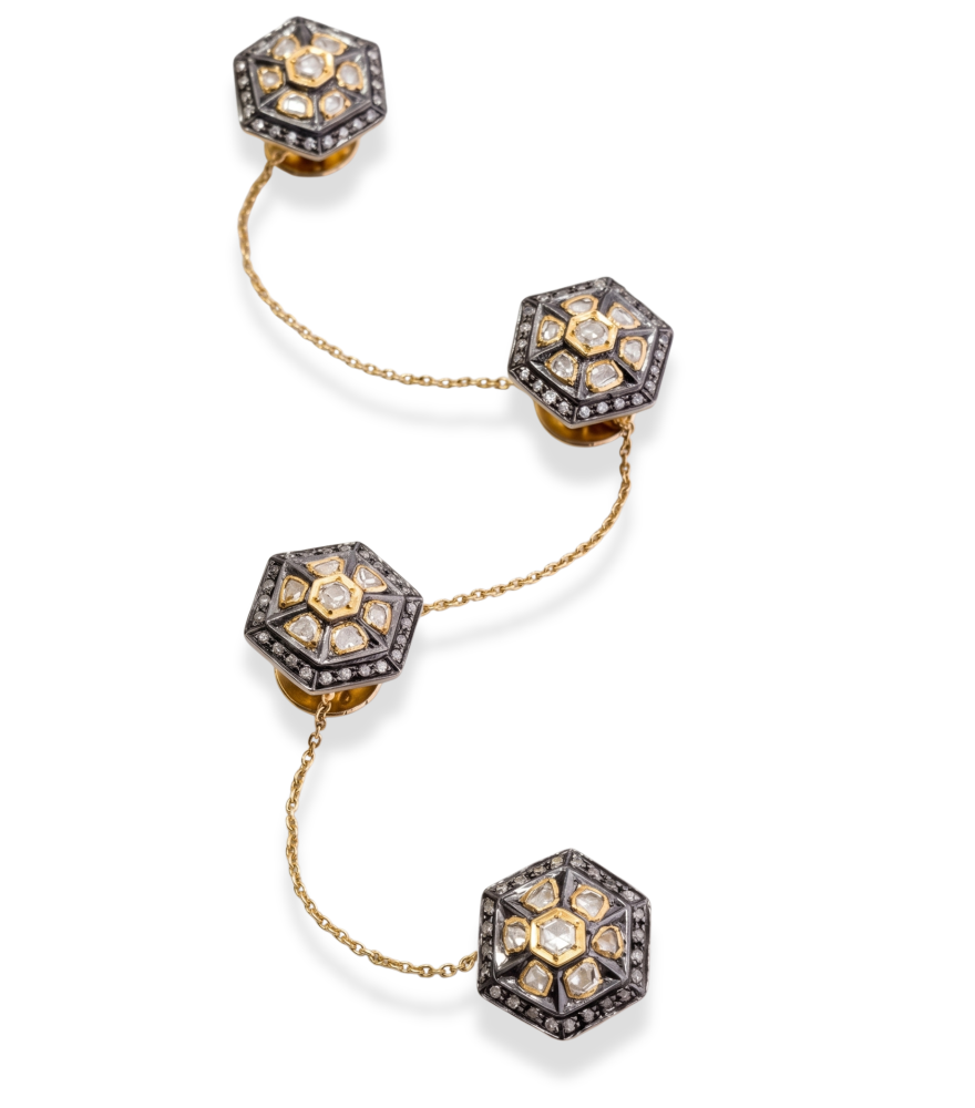 Front View of Tara Antique finish Buttons in Sterling Silver Fixed Length 18k Gold Plated 925 One Size 24.2gms
