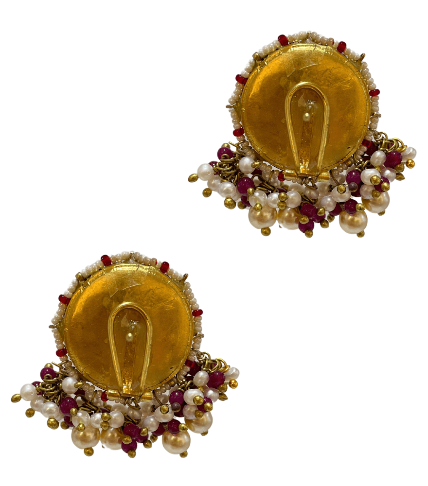 Rear View of Shivani Uncut Polki Earrings in Gold Jewelry for Pierced Ears 18k Yellow with Hallmark Stamp Metal Stone One Size 25gms