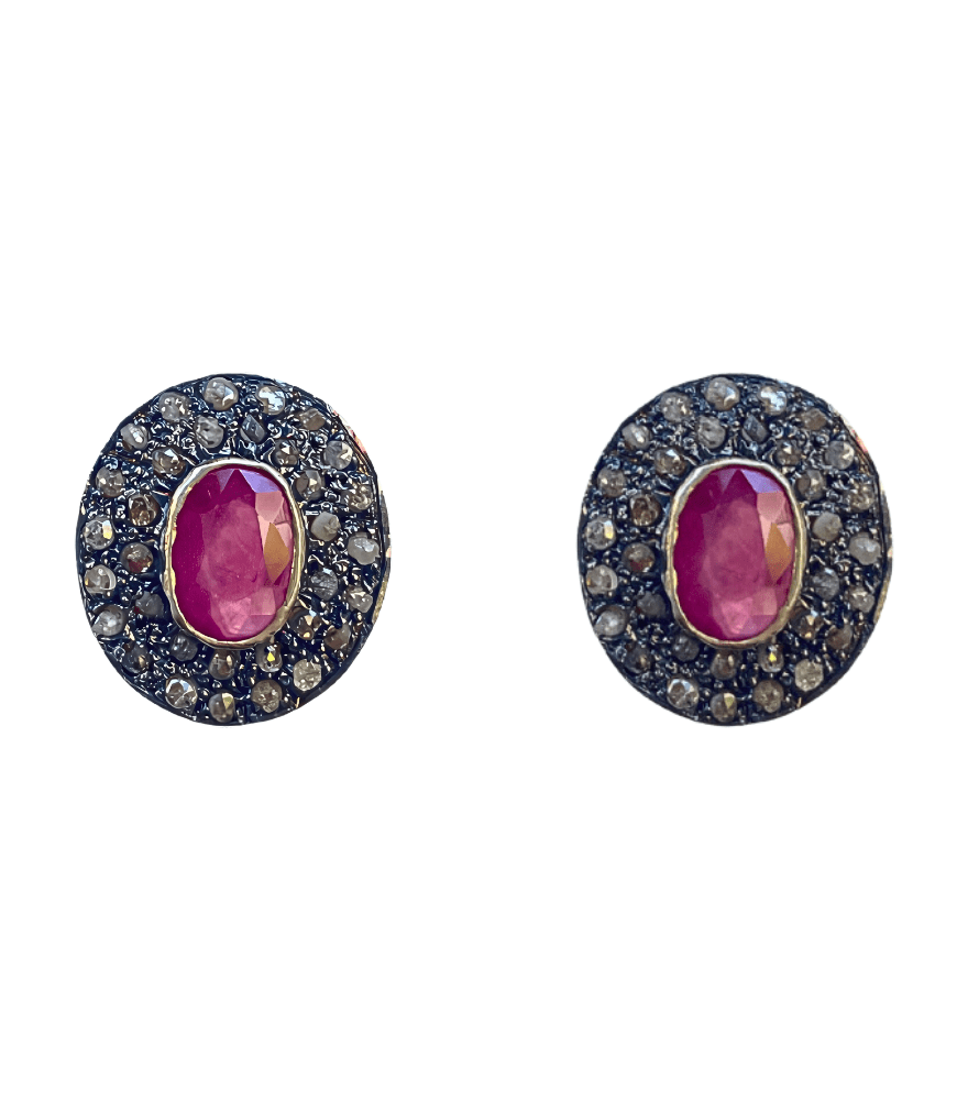 Front View of Nyra Diamond and Ruby Earrings in 18k Gold Plated Sterling Silver Jewelry for Pierced Ears 925 Metal Stone One Size 6.3gms