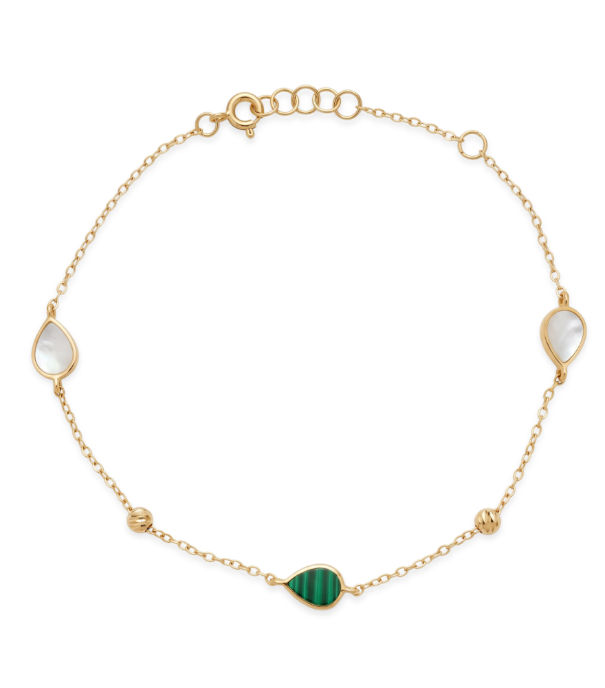 Front View of Hala Malachite and Mother of Pearl Bracelet in 18k Gold Adjustable Length Yellow with Hallmark Stamp 7 inches 1gms