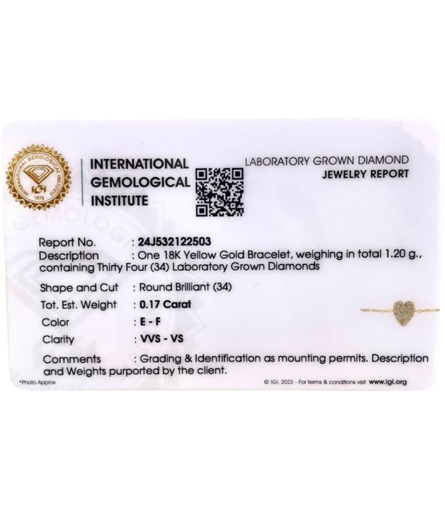 Certificate of Amirah Diamond Heart Bracelet in 18k Gold Adjustable Length Metal 7 inches 1.2gms Yellow