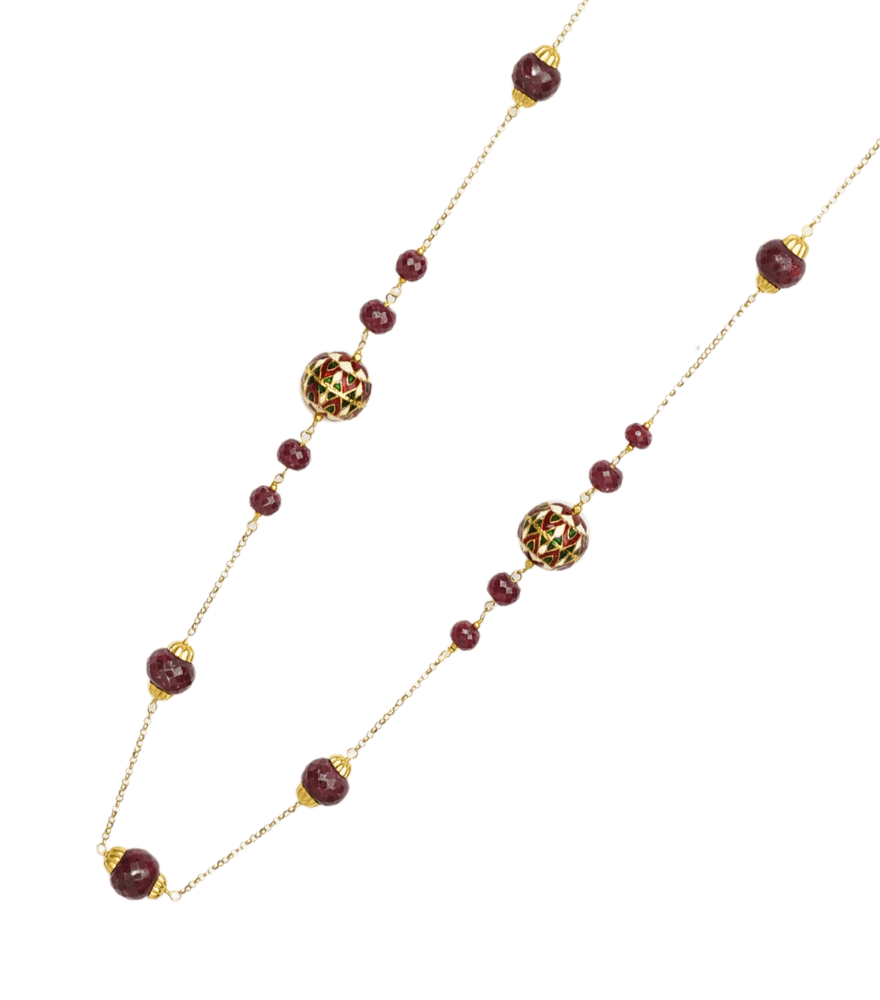 Closeup of Maya Ruby And Enamel Necklace in 18k Gold Fixed Length Yellow with Hallmark Stamp Metal One Size 42.5gms