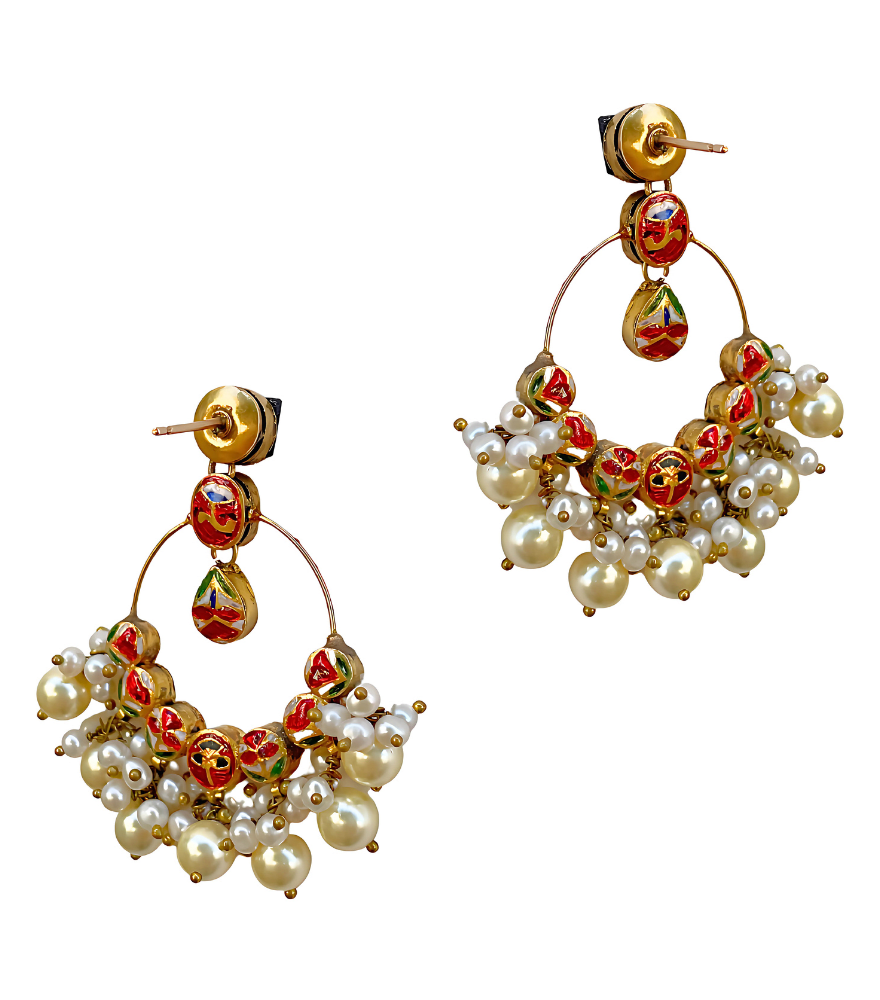 Rear View of Rishika Chandbali Earrings In 18k Gold Jewelry for Pierced Ears Yellow with Hallmark Stamp Metal Stone 6 cm 25.9gms