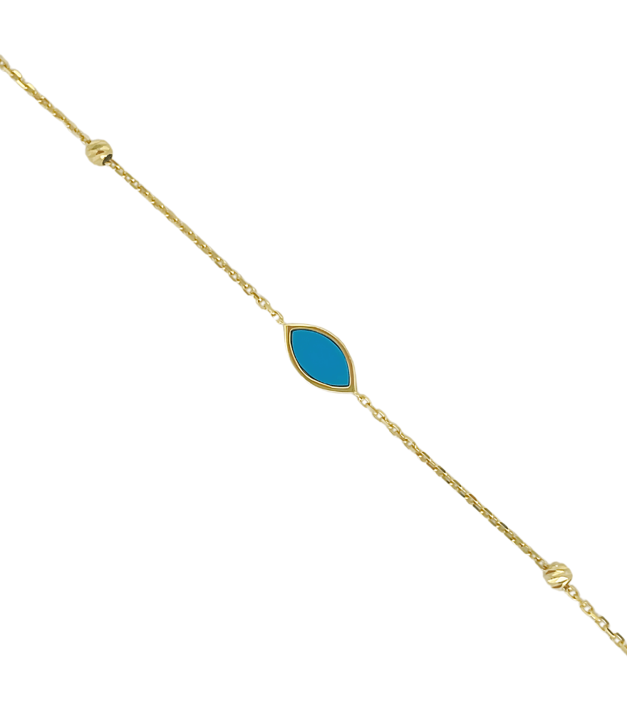 Closeup of Layla Turquoise Bracelet in 18K Gold Adjustable Length 18k Yellow with Hallmark Stamp Metal 7.5 inches 0.7gms