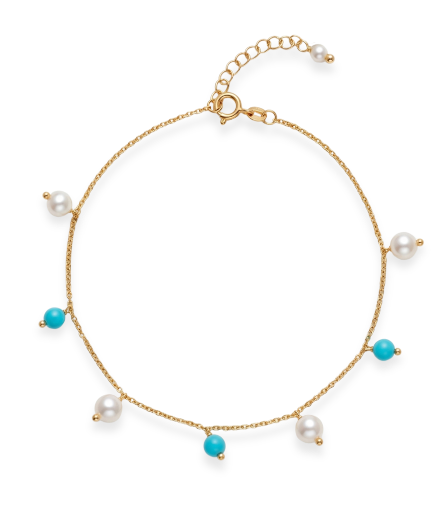 Front View of Aqua turquoise and pearl Bracelet in 18K Gold Adjustable Length 18k Yellow with Hallmark Stamp 7 inches 1gms