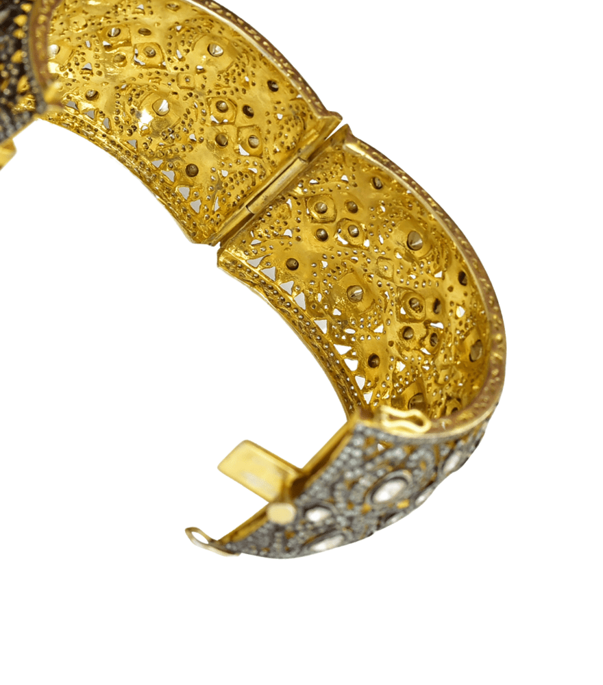 Closeup of Bina Cuff in Sterling Silver Comfort Fit 18k Gold Plated 925 Metal One Size 104.3gms Yellow