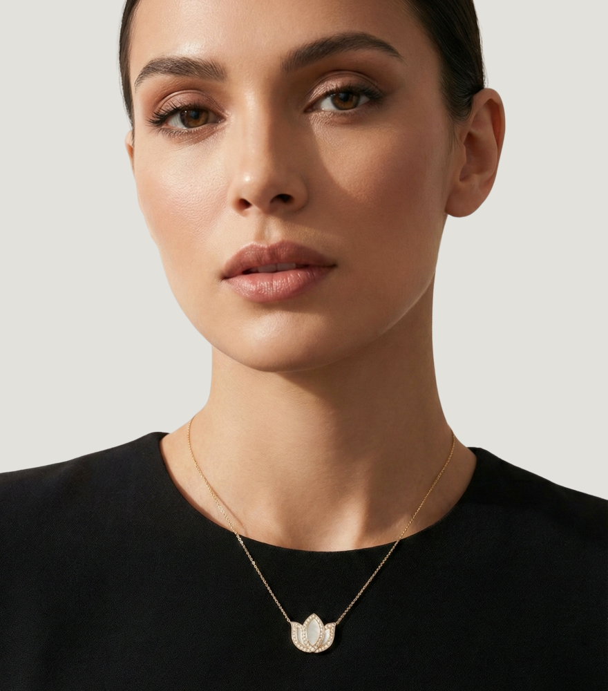 Model Wearing Lotus Pearl Necklace in 18k Gold Comfort Fit Yellow with Hallmark Stamp 16 inches 2.2gms