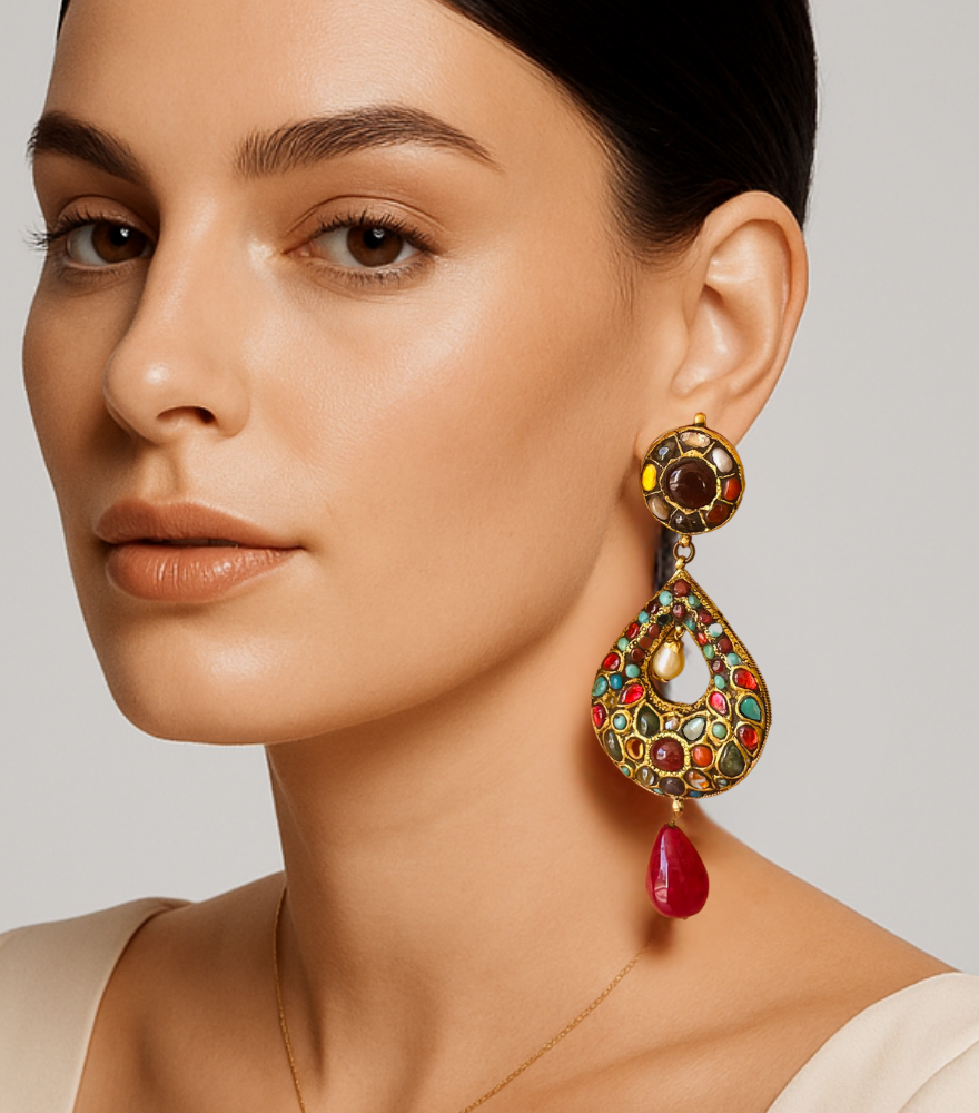 Model Wearing Navika Reversible Earrings in 18k Gold Jewelry for Pierced Ears Yellow with Hallmark Stamp Metal Stone One Size 46.4gms