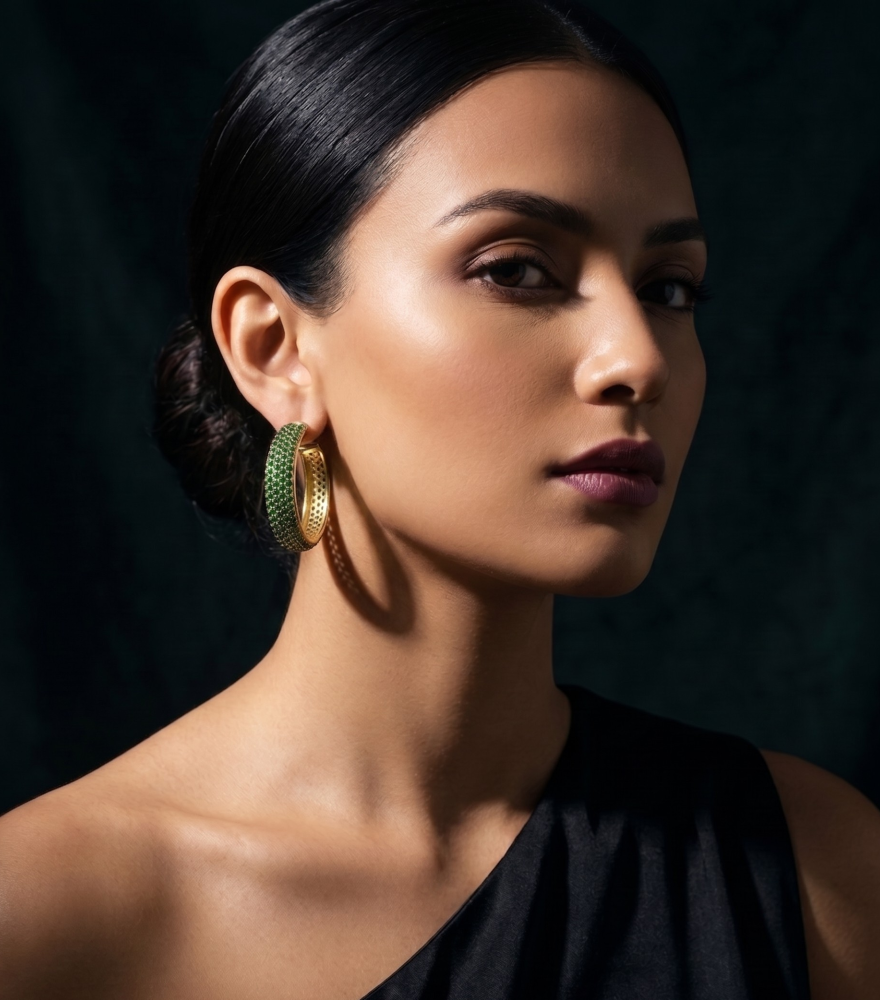 Model Wearing Pari Hoop Earrings - Emeralds Jewelry for Pierced Ears 18k Gold Plated 925 Sterling Silver Metal One Size 21.06gms